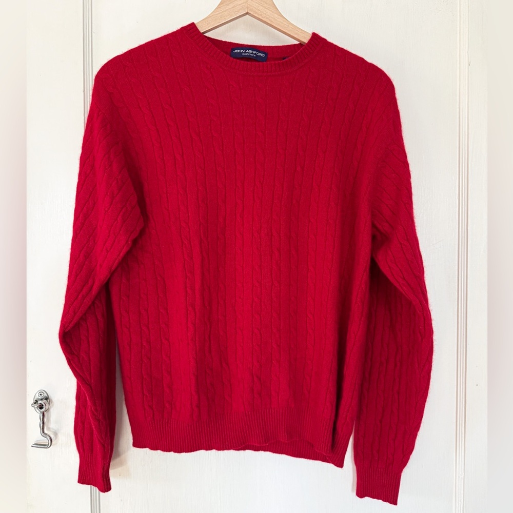 100% Cashmere Red Cable Knit Pullover Sweater Size M